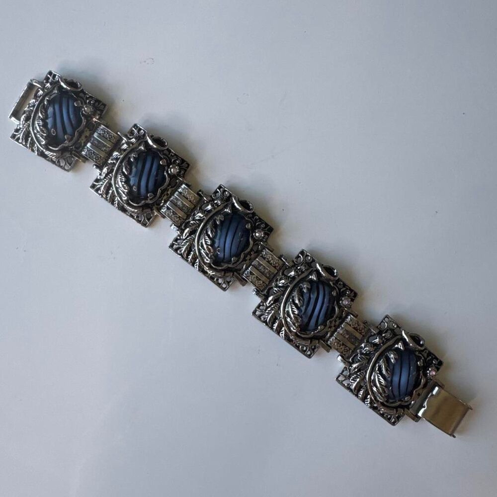 Vintage Park Lane Blue and Black striped cabachon silver tone link bracelet